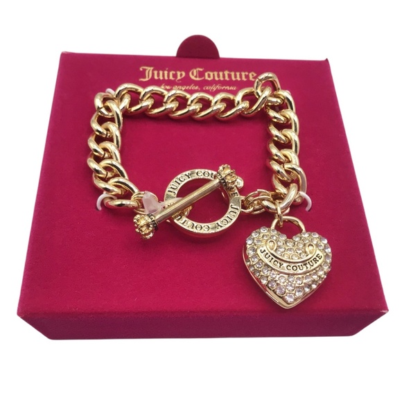 Juicy Couture Gold Chain Bracelet with Rhinestone Heart Charm, Toggle Clasp, Y2K - Picture 3 of 10